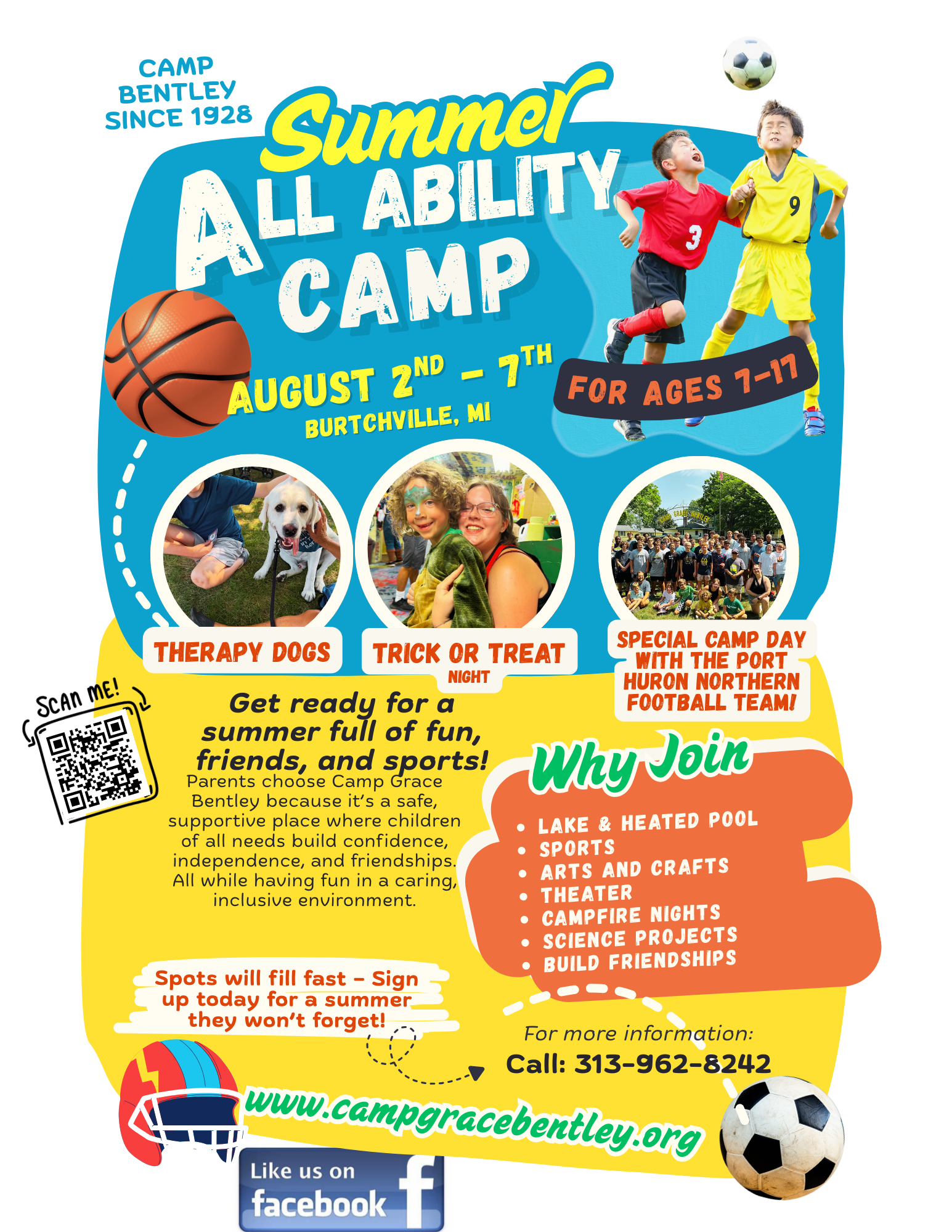 Summer All Ability Camp flyer: August 2-7, Burtaville, MI. Ages 7-11. Features sports, therapy dogs, trick or treat activities.
