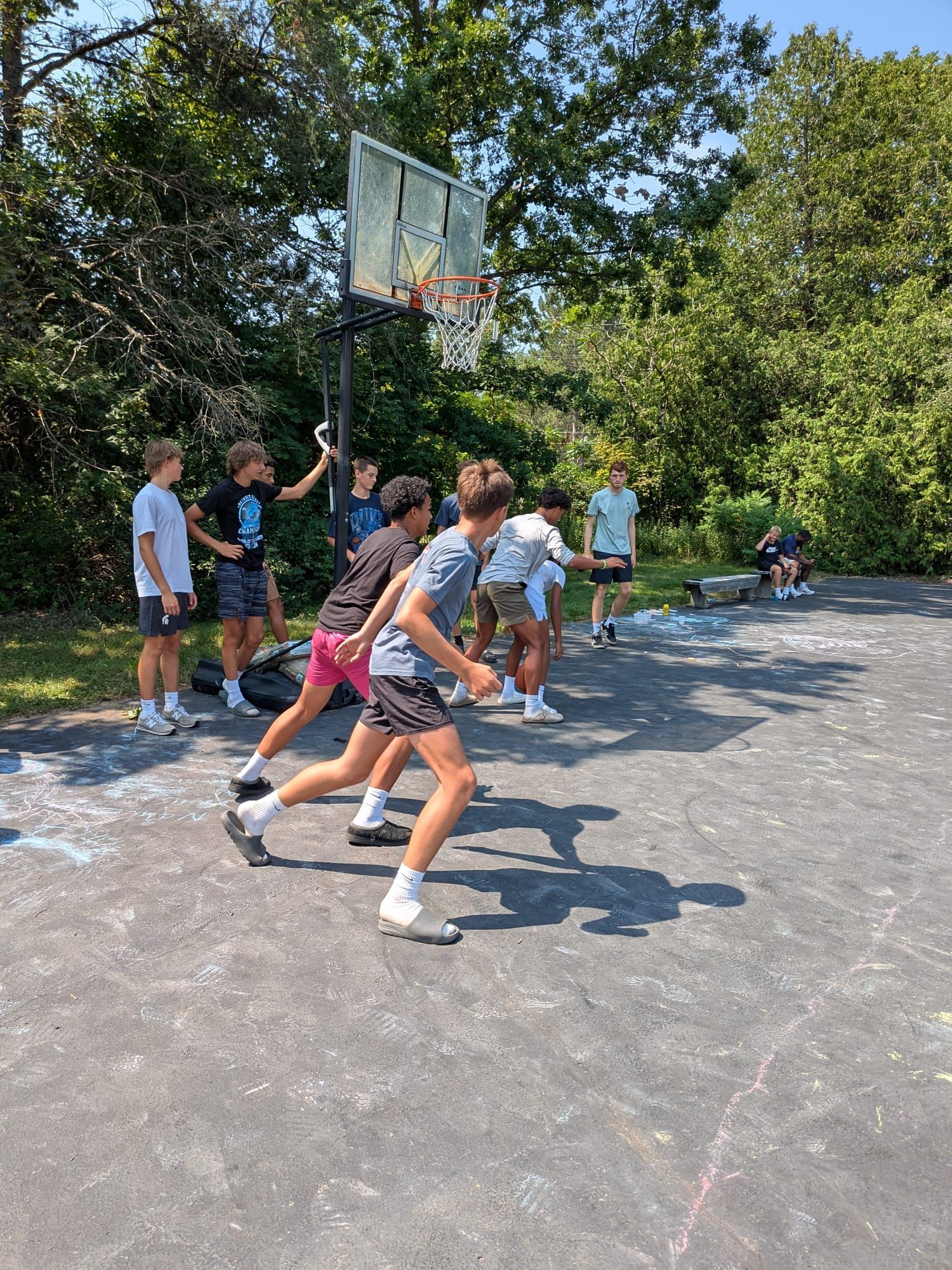 Group of people at a picnic table in a forest, two using wheelchairs.