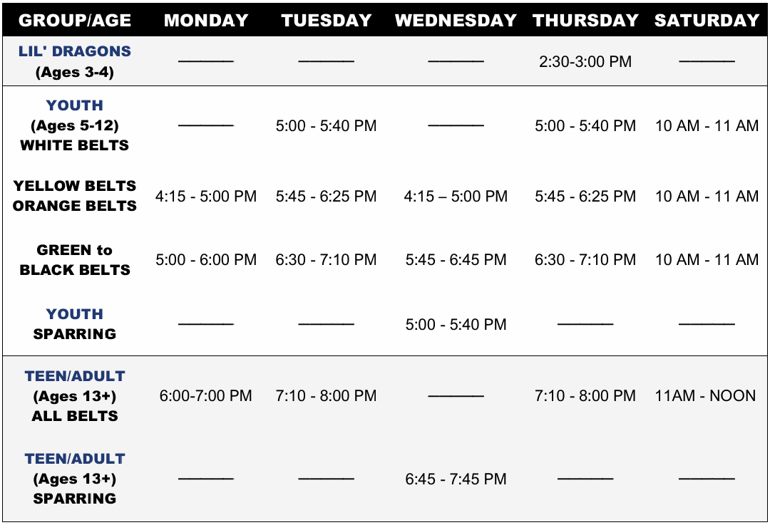 High Kick Martial Arts School Schedule