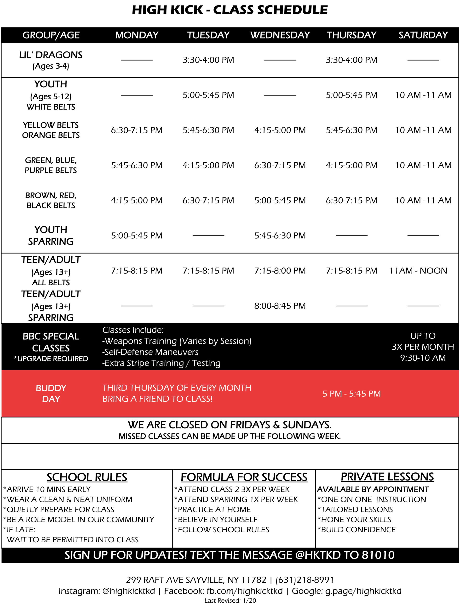2020 Class Schedule  - High Kick Taekwondo Martial Arts in Sayville