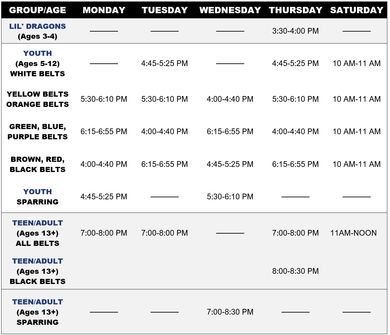High Kick Martial Arts School Schedule