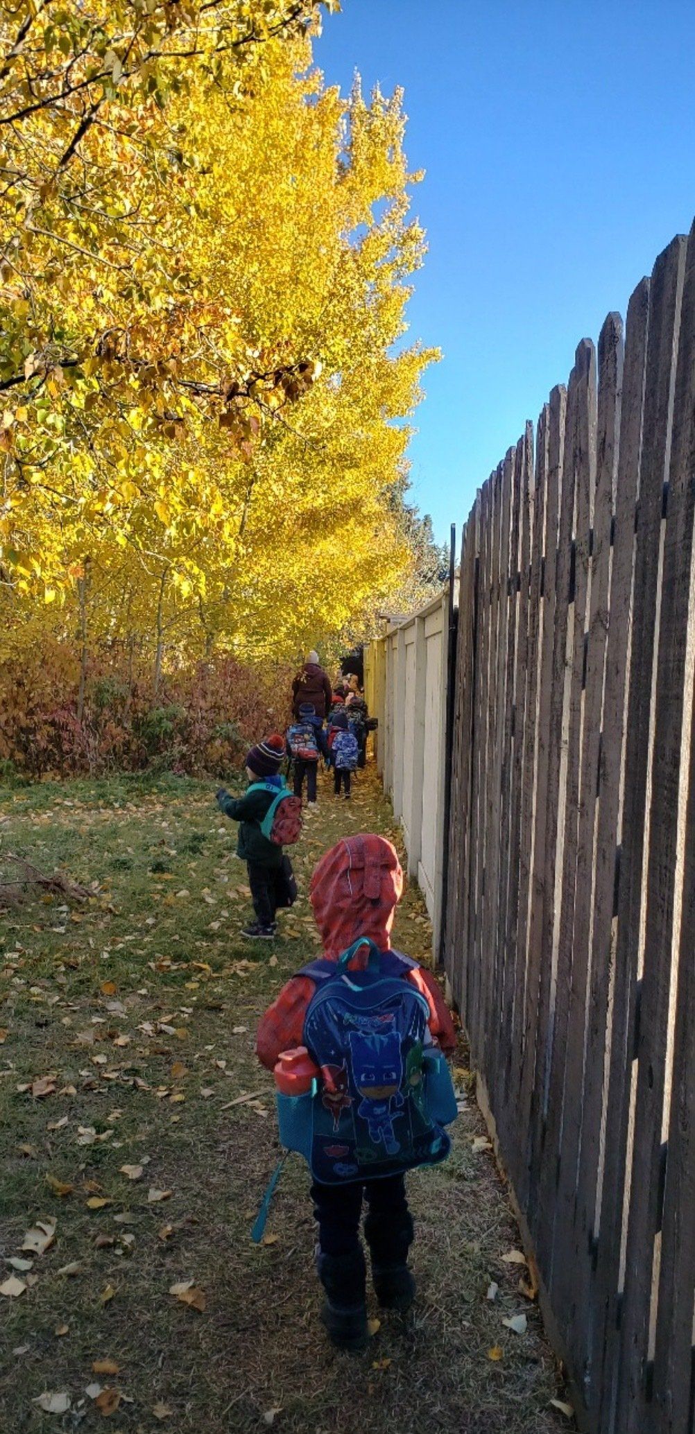 A group of children are walking down a path next to a fence.