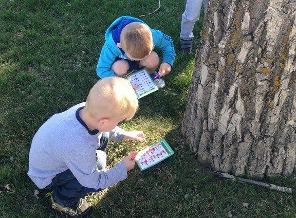 Two young boys are kneeling in the grass looking at a book.