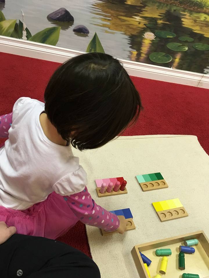 A little girl is sitting on the floor playing with colored blocks