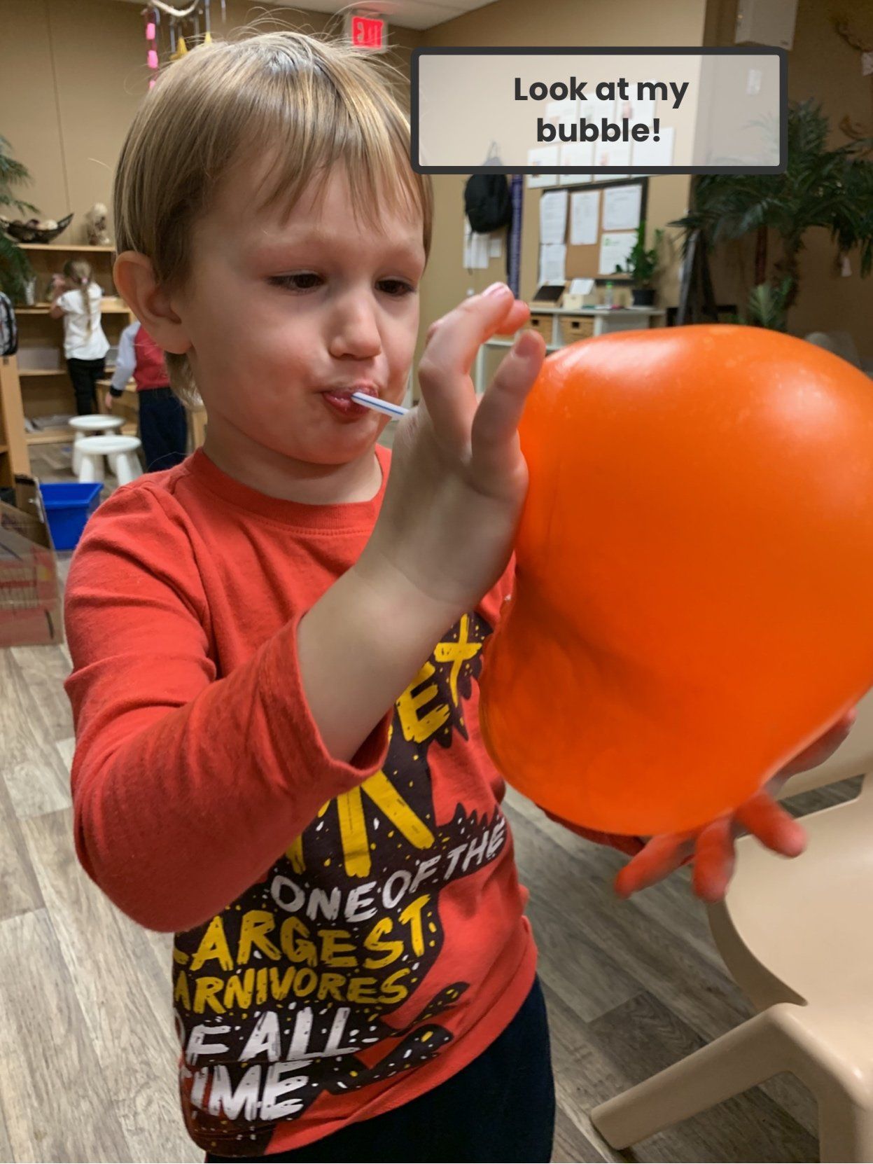 A young boy in a red shirt is blowing up an orange balloon