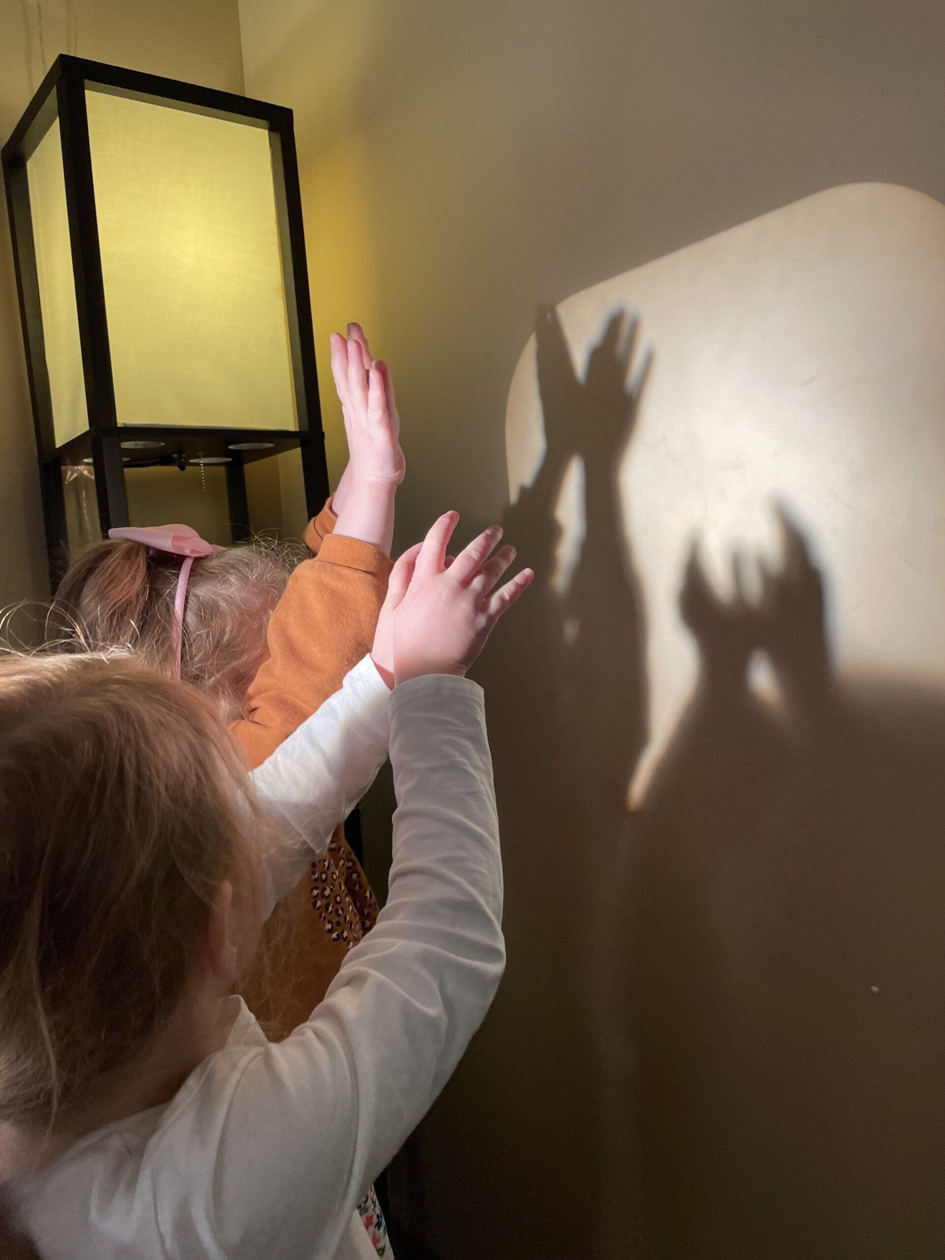 A little girl is playing with a shadow of her hands on a wall.