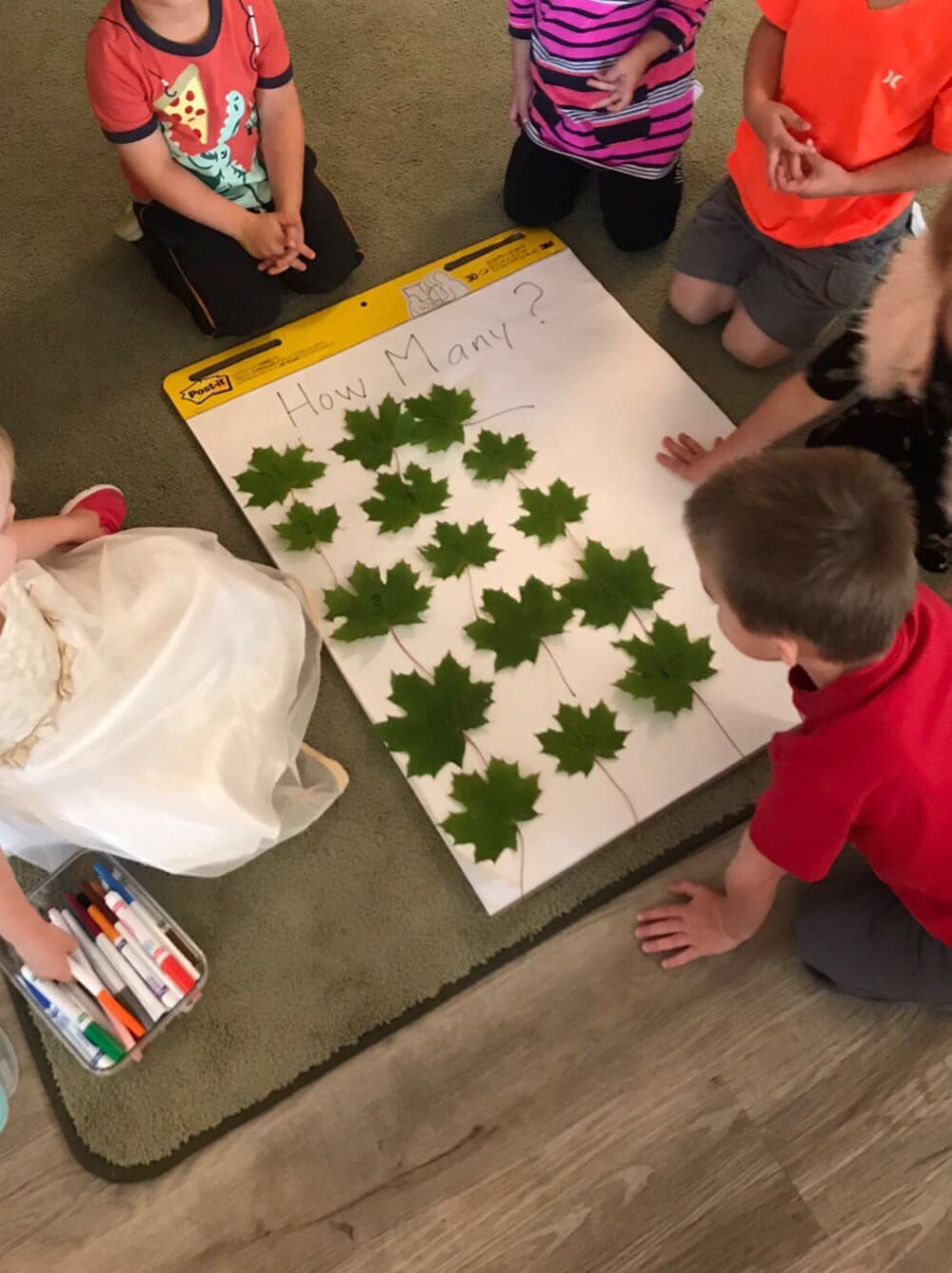 A group of children are sitting around a piece of paper that says how many