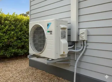 A Daikin outdoor HVAC unit mounted on grey siding next to a green hedge and gravel ground.