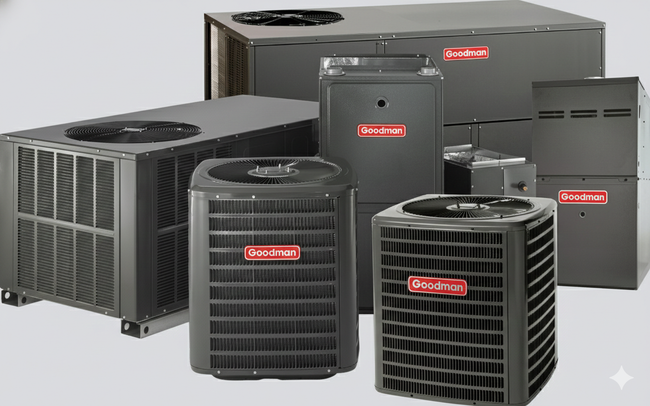 A group of dark gray Goodman brand HVAC heating and cooling units arranged together on a plain background.