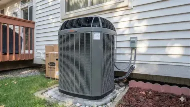 A grey residential air conditioning condenser unit sits on a concrete pad next to a house with white vinyl siding.