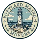 Circular logo: Lighthouse on rocky shore, ocean backdrop, "Portland Maine Movers" text, anchors.