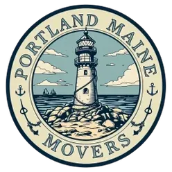 Circular logo: Lighthouse on rocky shore, ocean backdrop, "Portland Maine Movers" text, anchors.