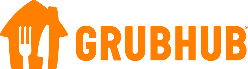 Grubhub logo with orange shopping bag, fork, knife, and house icon beside the word GRUBHUB