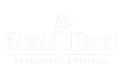 White logo for &ldquo;Hangar 21 Tavern&rdquo; with a pizza slice icon and the tagline &ldquo;Beer, Burgers & Pizzeria&rdquo;