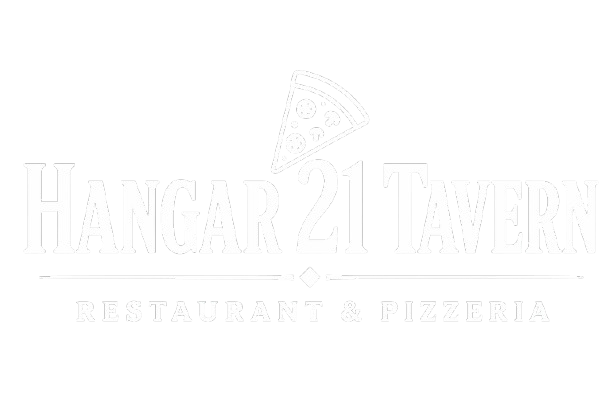 White logo for &ldquo;Hangar 21 Tavern&rdquo; with a pizza slice icon and the tagline &ldquo;Beer, Burgers & Pizzeria&rdquo;