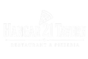 White logo for &ldquo;Hangar 21 Tavern&rdquo; with a pizza slice icon and the tagline &ldquo;Beer, Burgers & Pizzeria&rdquo;