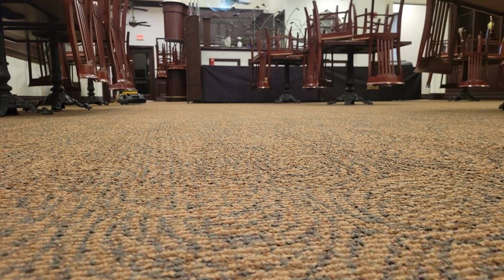 Yellow house with white garage door and walkway, palm trees in front yard.