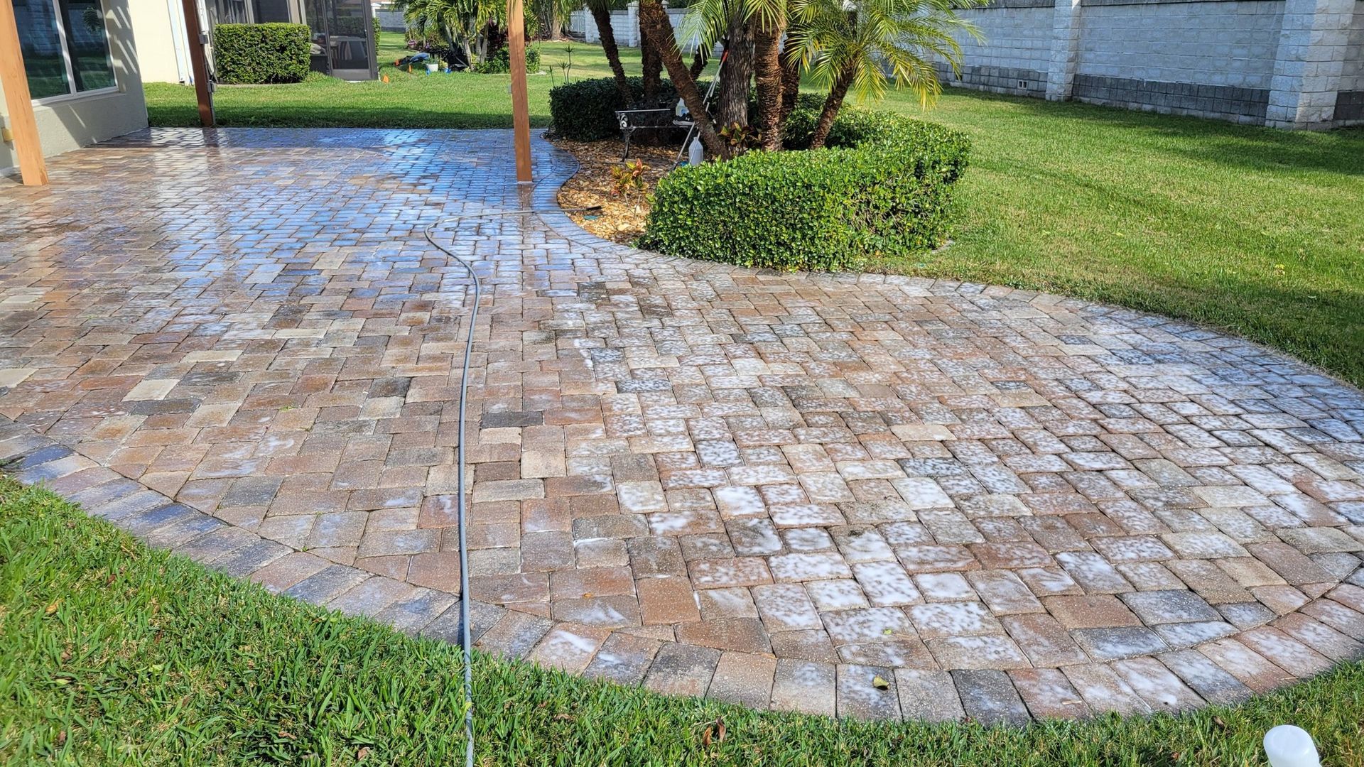 Brick patio with curved edge surrounded by green grass.