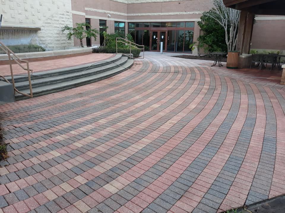 Yellow house with white garage door and walkway, palm trees in front yard.