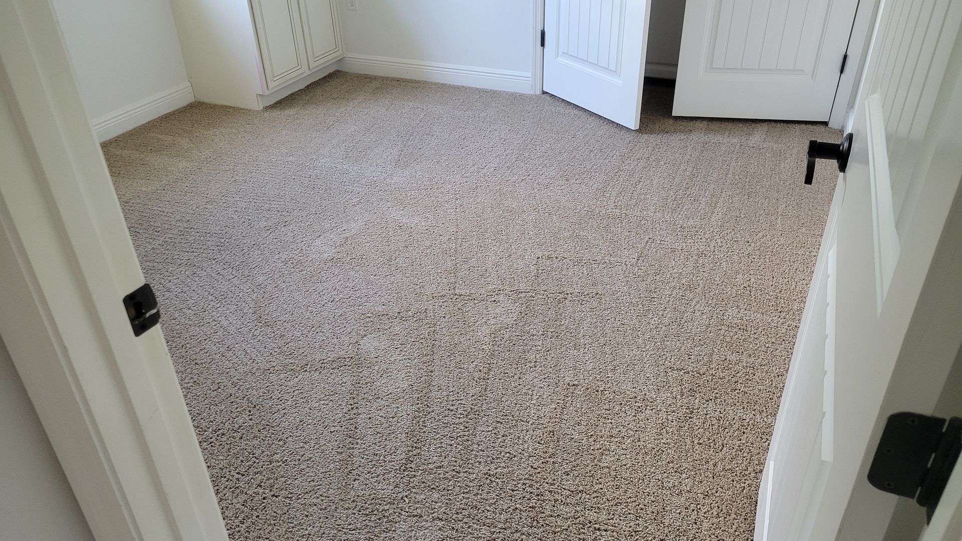 Empty room with beige speckled carpet, white trim, and two open doors.
