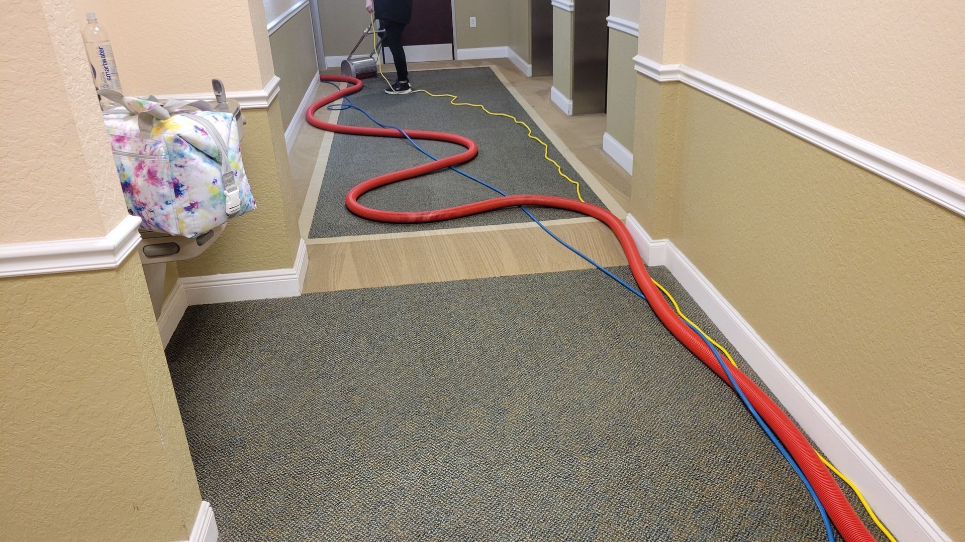 Person cleaning carpeted hallway with a machine and red hose. Yellow and blue lines are taped to the floor.
