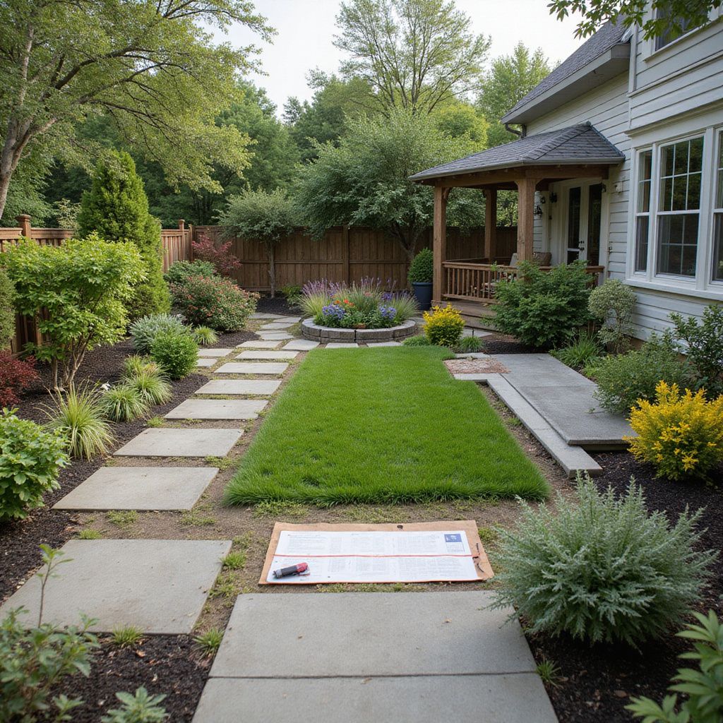 Stone path leads to a lush backyard with lawn, flower beds, and porch.