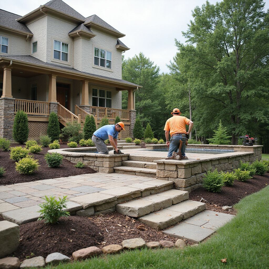 Two workers build a stone patio near a large house with a porch and landscaping.