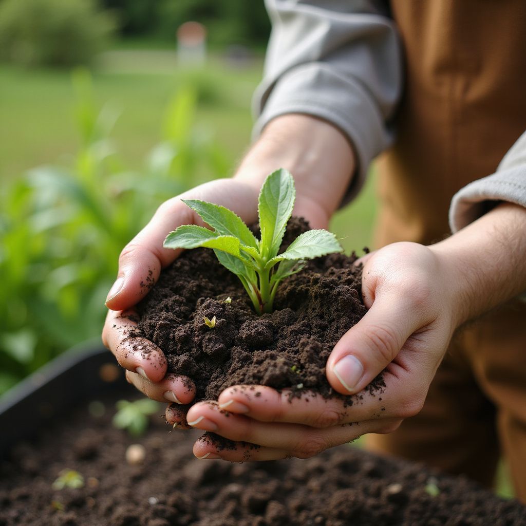 Hands holding a small plant with soil, outdoors.