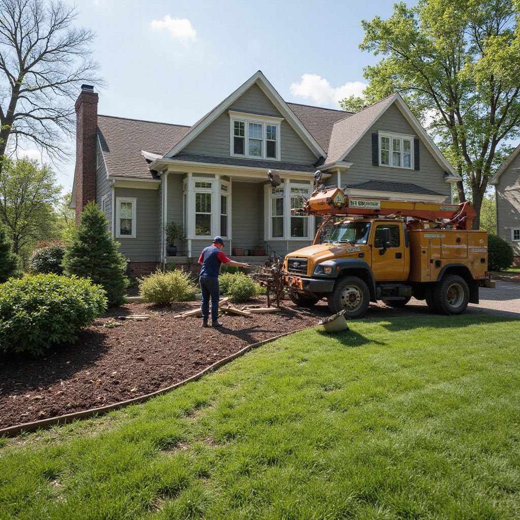 Man trimming tree branches with a bucket truck in front of a house.