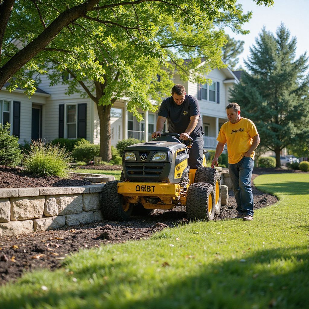Two men using a small tractor with a blade to work in a garden bed near a house.