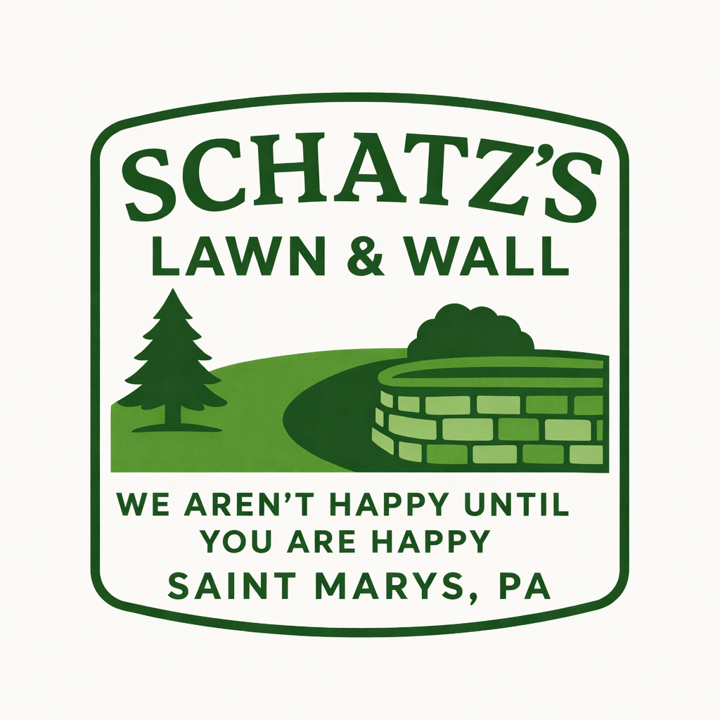 Logo for Schatz Lawn & Wall: green graphic of a lawn and a wall, with text.
