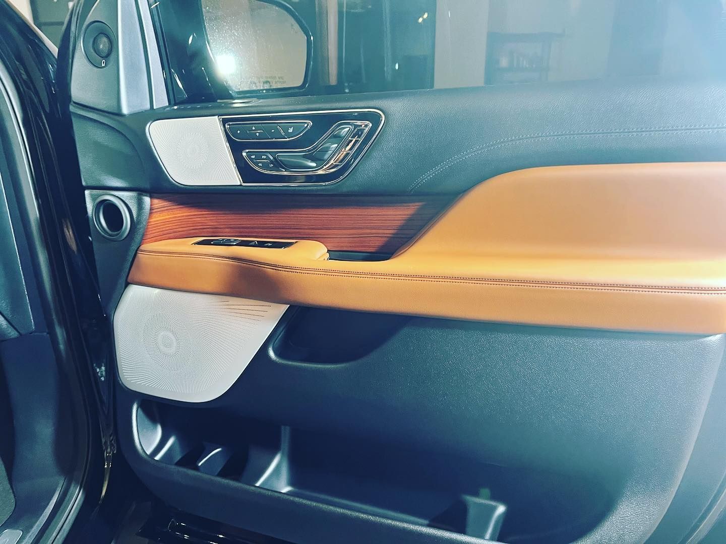 Car door interior with brown and tan accents, wood trim, and a small storage compartment.