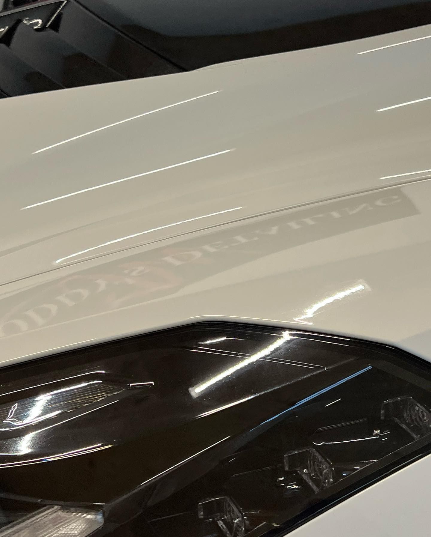 White car fender and headlight, with reflections of a business sign.