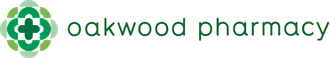 The logo for oakwood pharmacy has a green cross on it.