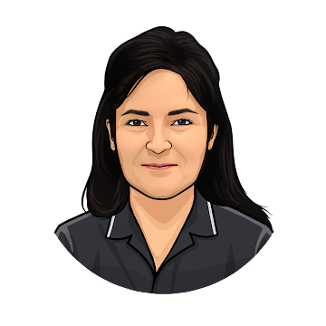 A drawing of a pharmacy assistant with long hair wearing a black shirt.