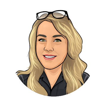 A drawing of a pharmacy assistant with short blonde hair wearing a black shirt.