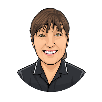 A drawing of a pharmacy assistant with short brown hair wearing a black shirt.