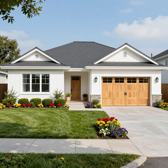 Single-story white house with gray roof, wood garage door, and colorful front landscaping