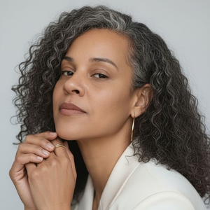 Close-up portrait of a person with curly gray hair in a white blazer, resting their chin on clasped hands.