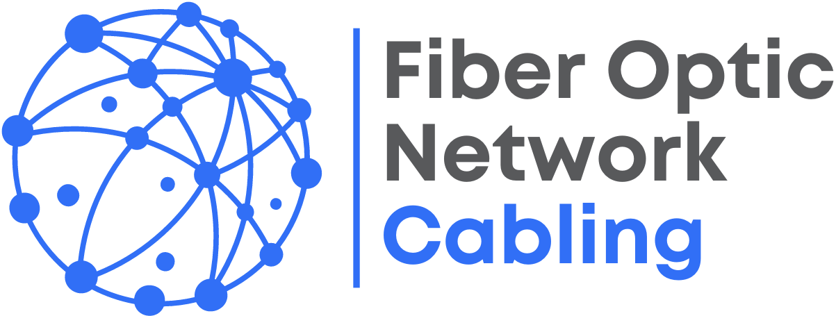 A blue logo for fiber optic network cabling with a globe in the middle.