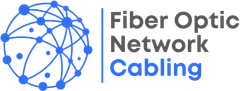 A blue logo for fiber optic network cabling with a globe in the middle.