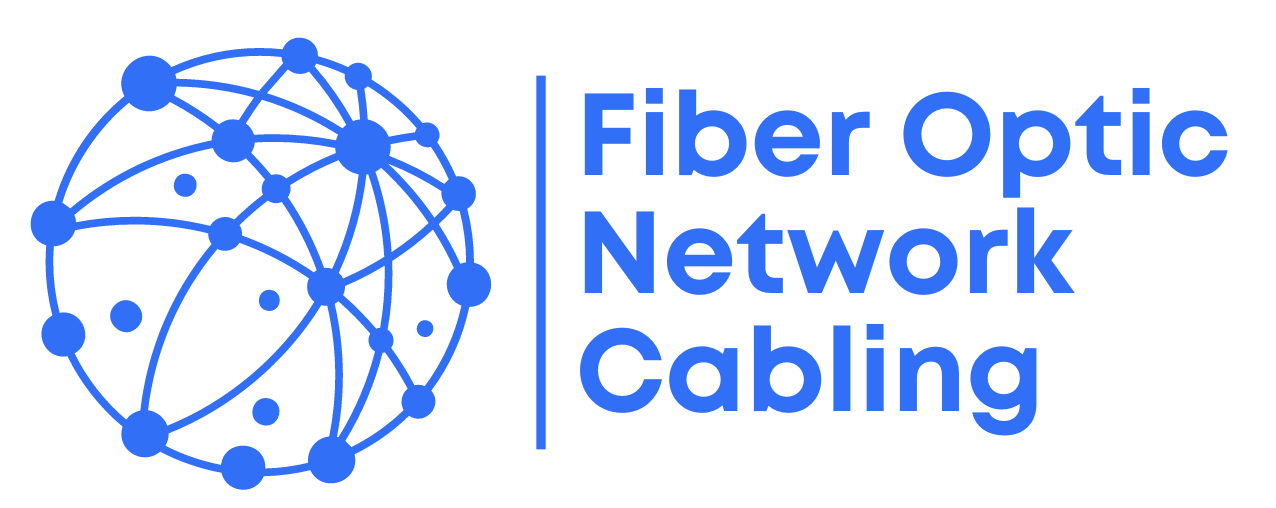 A blue logo for fiber optic network cabling with a globe in the middle.