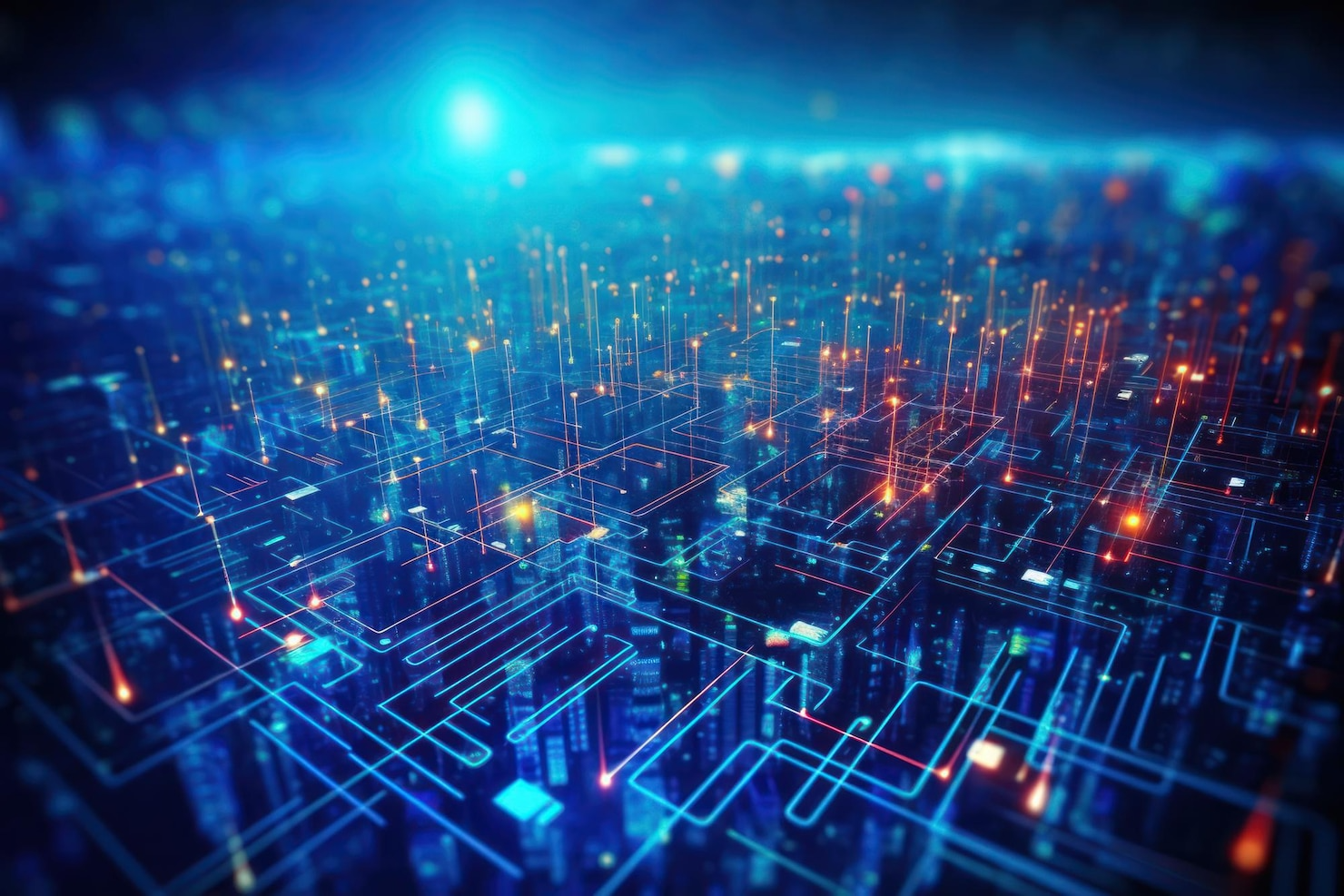 A computer generated image of a futuristic city at night.