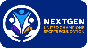 NextGen United Champions Sports Foundation logo: Blue circle with figures in arms, text "NEXTGEN".