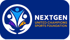 NextGen United Champions Sports Foundation logo: Blue circle with figures in arms, text "NEXTGEN".