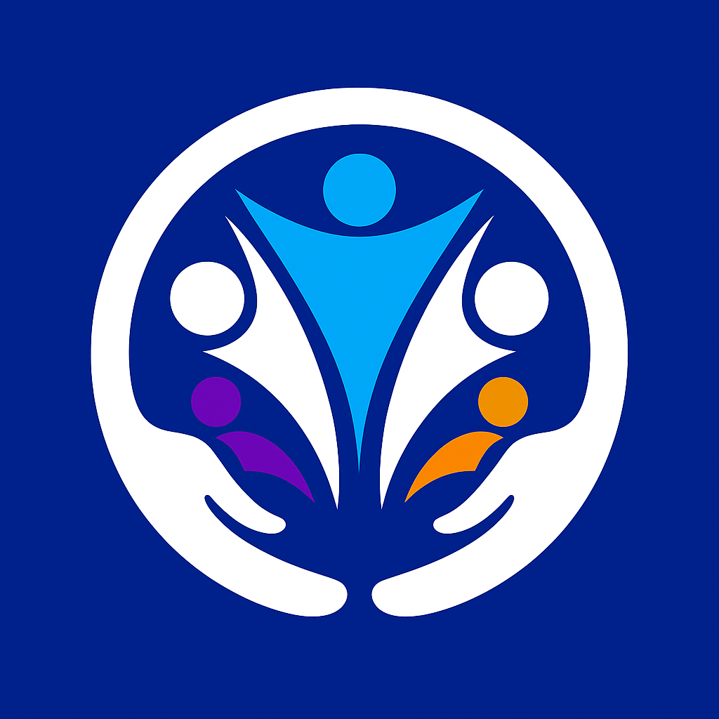 Blue logo with hands cupping a circle containing figures of people with outstretched arms.