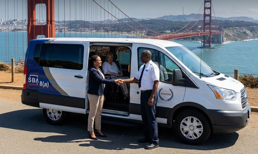 Van parked near Golden Gate Bridge; woman shakes hands with driver, another inside. Blue and white van, sunny day.
