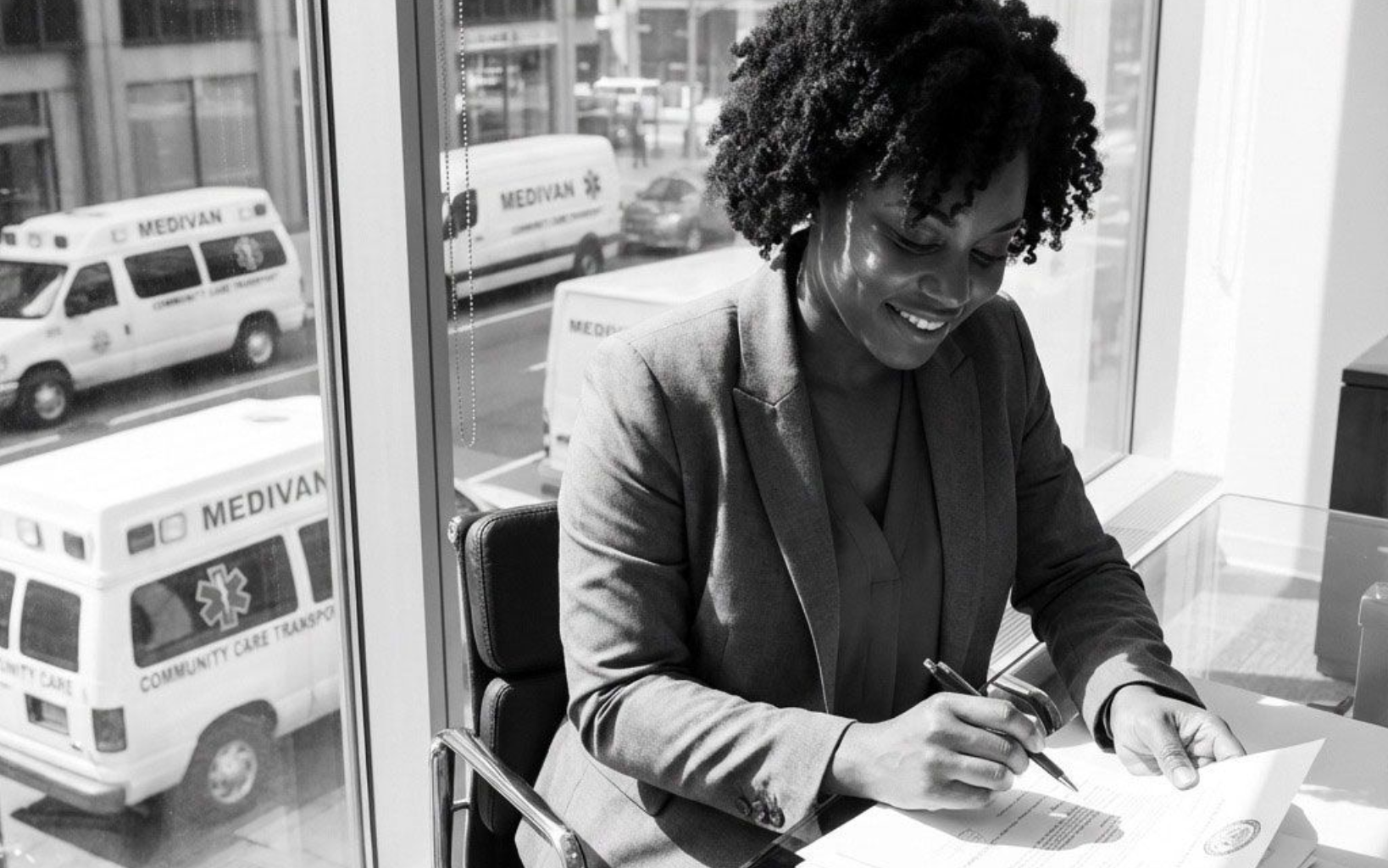Woman in a blazer smiles while signing paperwork at a desk, with two ambulances visible outside a window.