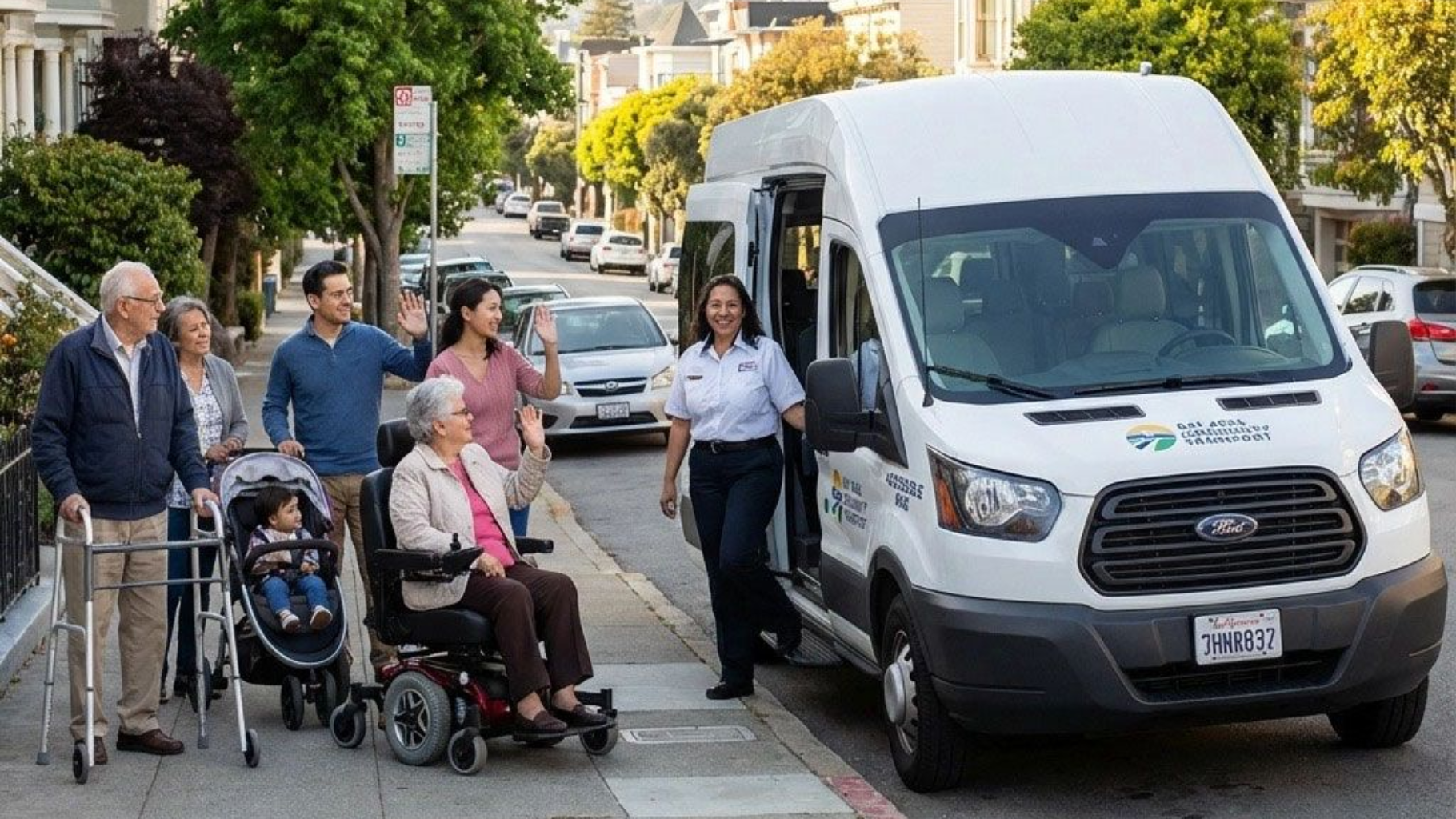 White van with passengers exiting, including a wheelchair user, on a city street. Driver assists.