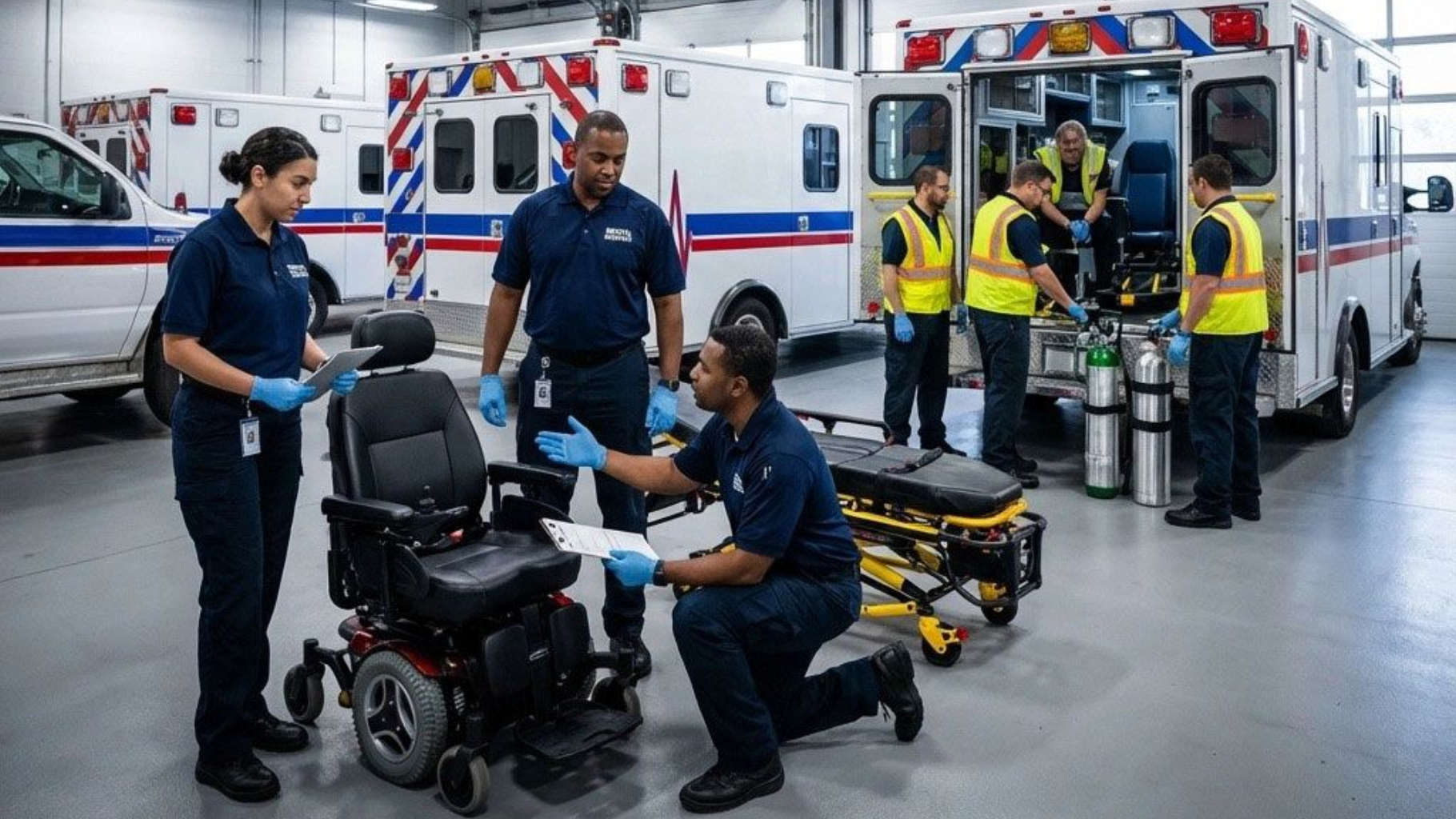 Emergency medical technicians preparing equipment in an ambulance bay.